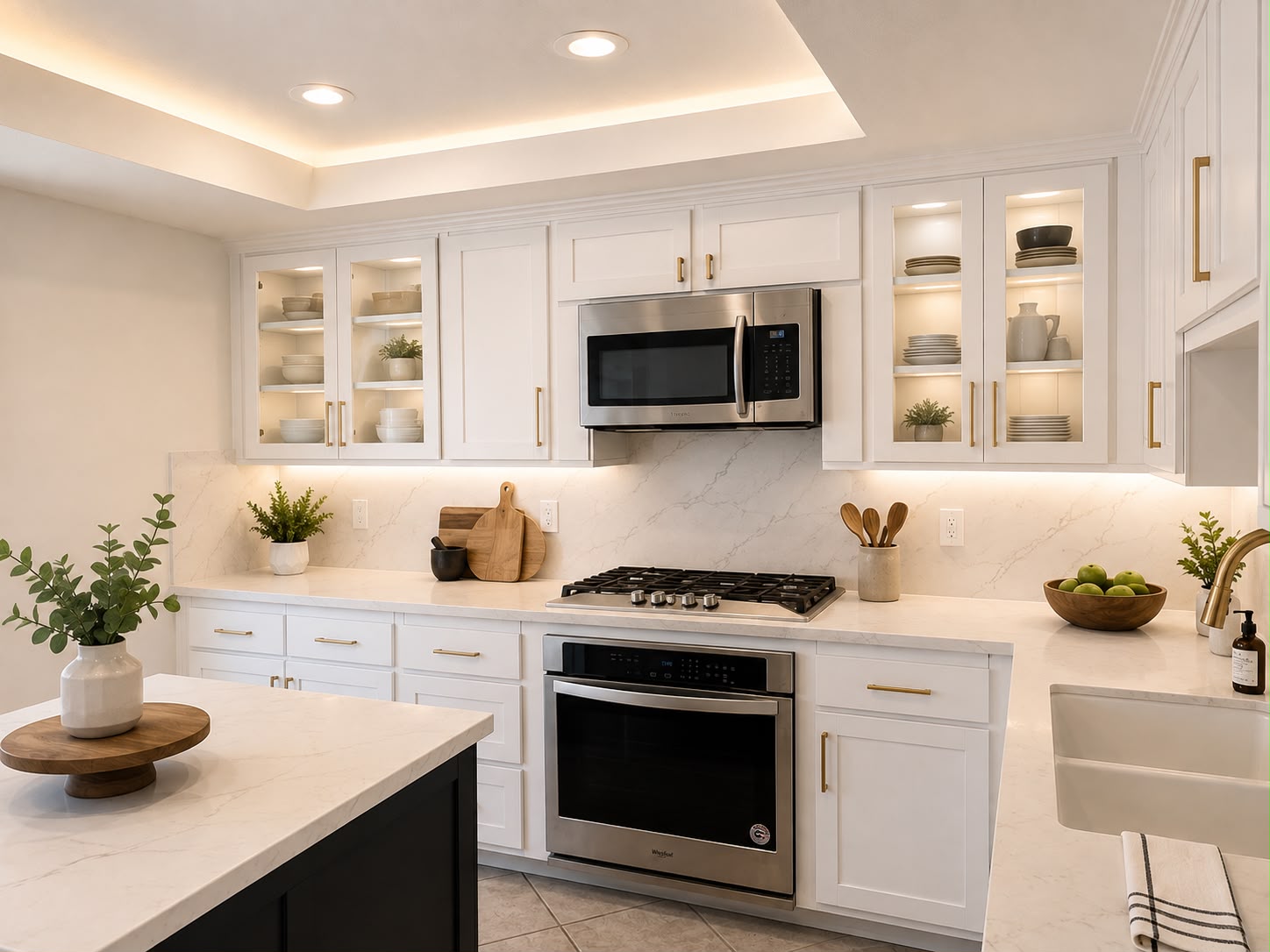 Custom kitchen remodel with tray ceiling, glass cabinetry, and brass hardware — Los Angeles