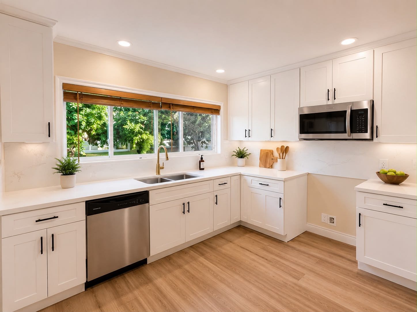 White shaker kitchen remodel with quartz counters and gold faucet — Santa Monica