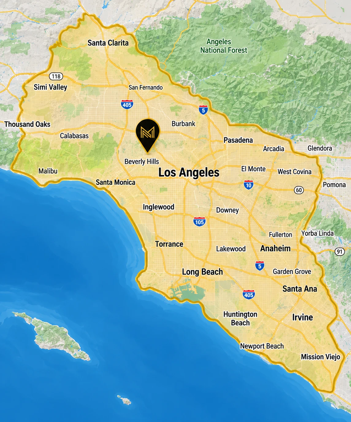 Map of Master Construction LA's greater Los Angeles service area, spanning from Santa Clarita to Santa Ana and Simi Valley to Mission Viejo